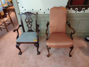 lot 92 image: 2 Accent Side Chairs with arms 26 x 20 x H 42  (red) and 21 x 18 x H 38 