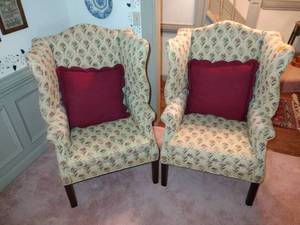 lot 79 image: 2 Alex Pifers Seraph Country Classic Wing chairs, Pillows not included