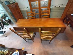 lot 78 image: Wood Drop-leaf Harvest Table & 4 Ladderback Chairs with rush woven seat, table length 6