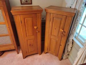 lot 88 image: 2 Wood Jelly Cabinets with turn-button latch, interior shelves. H 51  x W 12  x L 22