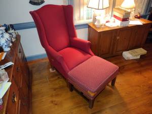 lot 97 image: Wing back upholstered chair and ottoman. Chair measures H 44 x W 26 x L 28 