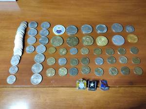 lot 157 image: 86 count Coin (U.S. and Canada)  Token collection and military tie tacks.