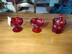 lot 167 image: 3 Fostoria Ruby Red Coin Glassware Covered candy dish 4  t, 2 footed sherberts 3  t