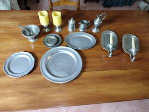 lot 164 image: 17 metal pieces Pewter wall candle sconces. Pewter oval platter, Royal Holland syrup pitcher