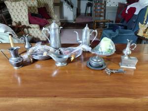 lot 169 image: Pewter Items Wick Trimmer, covered bowl, gravy boat, 2 Etain pitchers, Etain pitcher, candlestick holders