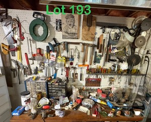 lot 193 image: Tools as picturedsaws, hammers, screwdrivers, files, wrenches, storage organizers, pliers, combo square