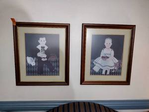 lot 195 image: Vintage Arlene Strader Folk Art Lithographs of a boy Billy, and a girl Betsy with Red Shoe, framed