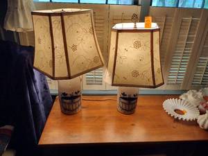 lot 103 image: (2) 2002 Salmon Falls Stoneware Lamps with shades, blueberry basket design