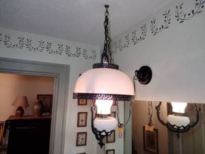 lot 175 image: Vintage Hanging Swag  Electric Hurricane oil light replica with soft pink shade.