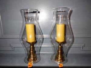 lot 197 image: 2 Williamsburg Colonial Hurricane glass shade 18 t with Baldwin brass candlestick holders 7  t