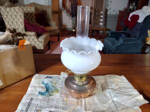 lot 202 image: Vintage Hinkss Boler Duplex No. 2 copper oil lamp with milk glass ruffled shade & clear glass chimney