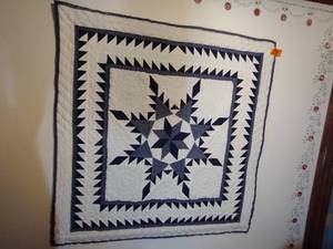 lot 204 image: Handmade Navy blue, gray, and white star wall hanging quilt 44 x 46