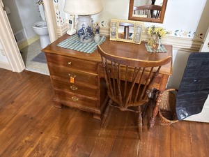 lot 107 image: Early American Wood desk and fiddleback armchair.  L 46 x H 30 x W 21