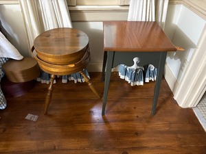 lot 29 image: 3-leg round sewing box storage with flip-up lid. Green colonial table with maple top