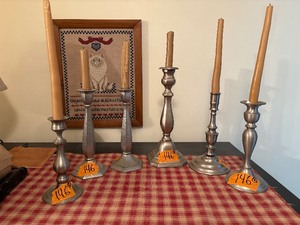 lot 146 image: Web pewter weighted candle holders and Colonial hammered pewter by Boardman