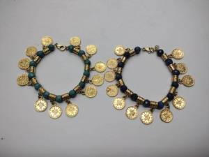 lot 226 image: 2 bracelets  18K gold over bronze with Faceted gemstone beads & dangling coin charms 1Blue &1 green