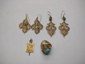 lot 230 image: 2 Filigree dangling pierce Earrings marked Turkey, ring w turquoise stone, Honors charm