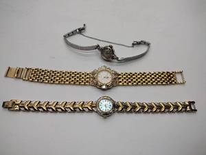 lot 231 image: 10k gold filled watches. 1 Longines  1 Croton ladies 10K  1 ladies with brick link band & bling