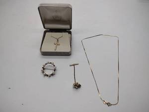 lot 244 image: 14k cross necklace in box, diamond tie tack, 14k gold necklace, 12k gold filled broach with pearls