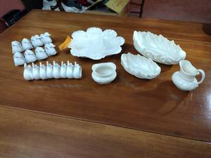 lot 251 image: Lenox Creamer & Sugar bowl  Bowls round cabbage leaf, (2) oblong Leaf shaped , (16) napkin rings