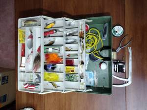 lot 254 image: Plano Tackle box with lures, flies and tackle...some Heddon