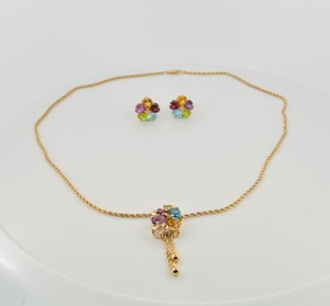 lot 37 image: 14K pierced multi-color gem earrings 58514K twisted rope necklace wdangling multi-color gem cluster