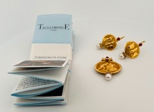 lot 27D image: 14K Tagliamonte Pendant w Pearl and possibly Ruby, earrings w pearl & ruby and lever backs 10g all together.
