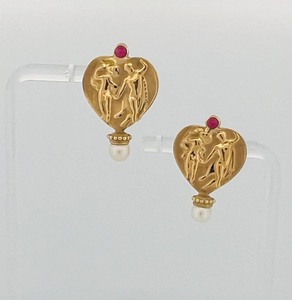 lot 27G image: Tagliamonte 14K gold w possibly ruby and pearl earrings Omega back 7g 1 l x  w