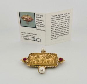 lot 27H image: 14K Tagliamonte Gold pendantbrooch with cultured pearls & ruby cabochon