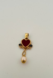 lot 28D image: 14K gold & pearl drop Tagliamonte heart shaped red stone pendant. 2 l x  w