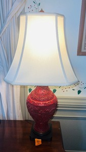 lot 169A image: Red Cinnabar lacquer vase table lamp carved leaf and flower decor with shade and finial