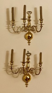 lot 316 image: (2) Brass 3-arm candelabra wall sconces.