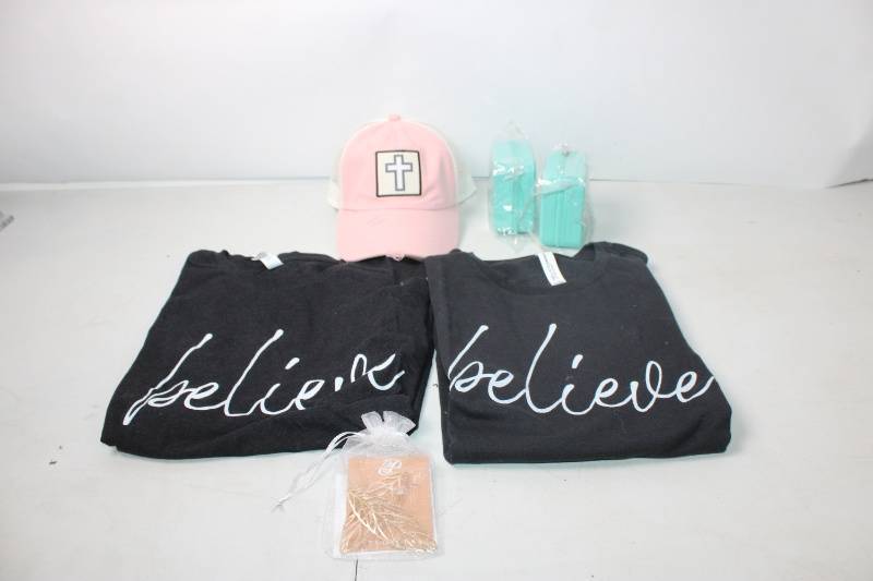 lot 160 image: Set of 2 Believe T-Shirts, Pink Cross Cap, and Accessories