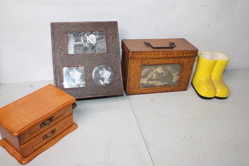 lot 245 image: Collection of Home Decor Items Including Jewelry Box, Photo Frames, and Mini Boot Vase