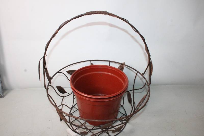 lot 246 image: Decorative Metal Basket with Clay Plant Pot