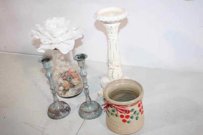 lot 273 image: Decorative Lot Vintage Candlesticks, Floral Vase, Ceramic Jar, and Candle Holder