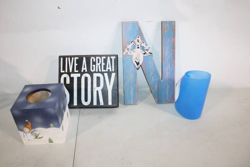 lot 275 image: Decorative Set Snowman Tissue Box, Inspirational Sign, Rustic Letter N, Blue Tumbler
