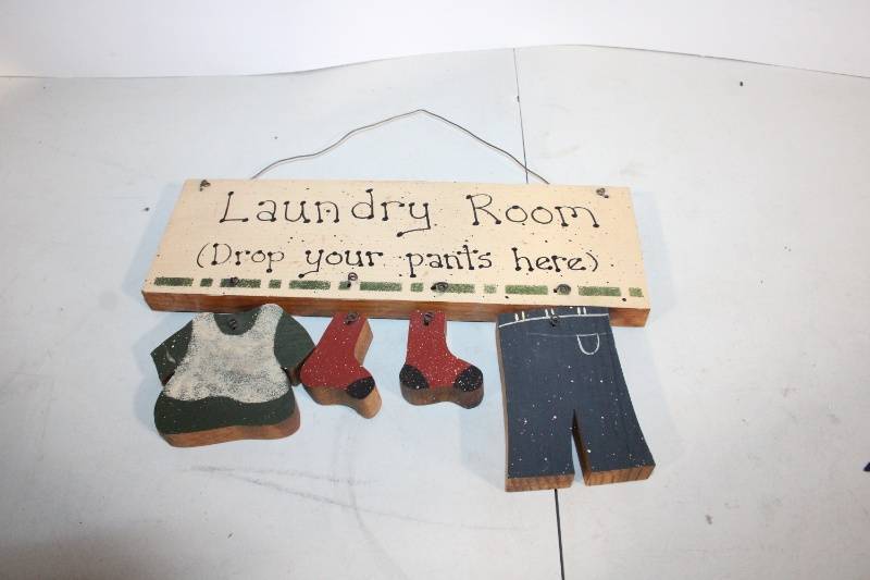 lot 289 image: Decorative Wooden Laundry Room Sign with Clothes Hanger Accents