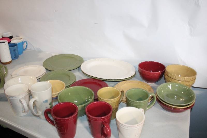 lot 294 image: Colorful Stoneware Dinnerware Set - 25 Pieces, Mixed Bowls, Cups, and Plates
