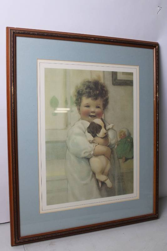 lot A-169 image: Framed Bessie Pease Gutmann Lithograph - Child with Puppy