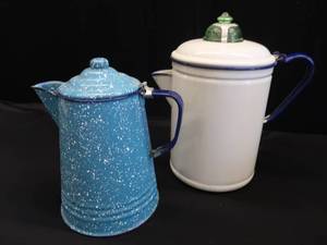 ENAMELWARE PERCULATOR MID 1940'S PLUS SMALLER SPECKLED POT