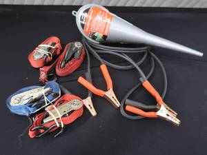 lot 84 image: JUMPER CABLES  RATCHET STRAPS  NEW FUNNEL
