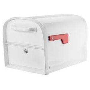 lot 27 image: Architectural Mailboxes Oasis 360 White, Large, Steel, Locking Parcel Mailbox with 2-Access Doors   Customer Returns See Pictures