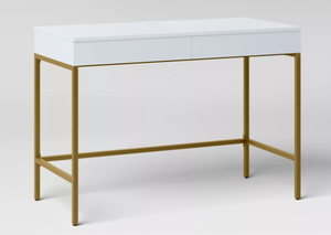 lot 87 image: Loring Wood Writing Desk with Drawers and Charging Station - Threshold