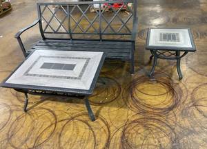 lot 211 image: 3 Piece Gray Metal Bench Patio Set