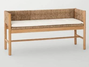 lot 61 image: Threshold designed wStudio McGee Elden Wood Bench with Woven Back and Loose Cushion Seat