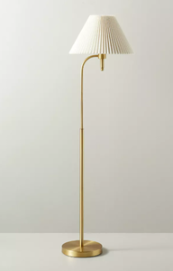 lot 135 image: Pleated Shade Metal Floor Lamp CreamBrass (Includes LED Light Bulb) - Hearth & Hand with Magnolia Curved Brass Body, Empire Shade