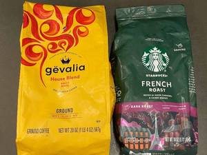 lot 73 image: Set of 2 Ground Coffee Bags Gevalia House Blend & Starbucks French Roast