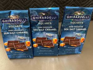 lot 96 image: 3 Packs of Ghirardelli Dark Chocolate Sea Salt Caramel Squares