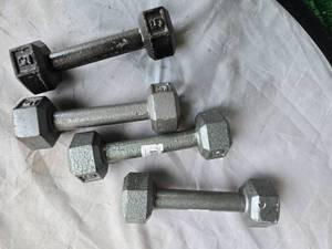 lot 116 image: Lot of Four 5LB Metal Hex Dumbbells (USED)